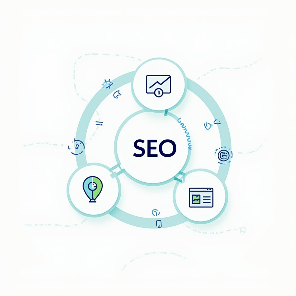 Modern ve minimalist tasarımla SEO'nun temel bileşenlerini gösteren infografik. Mobil optimizasyon, sayfa hızı ve içerik kalitesi arasındaki ilişkiyi vurgulayan profesyonel diagram.